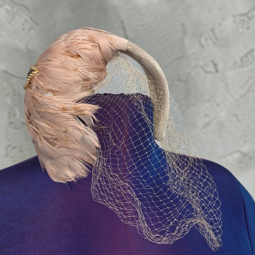 Vintage 50s Pink Feather Fascinator Birdcage Veil Beaded Pearl Cocktail Hat
